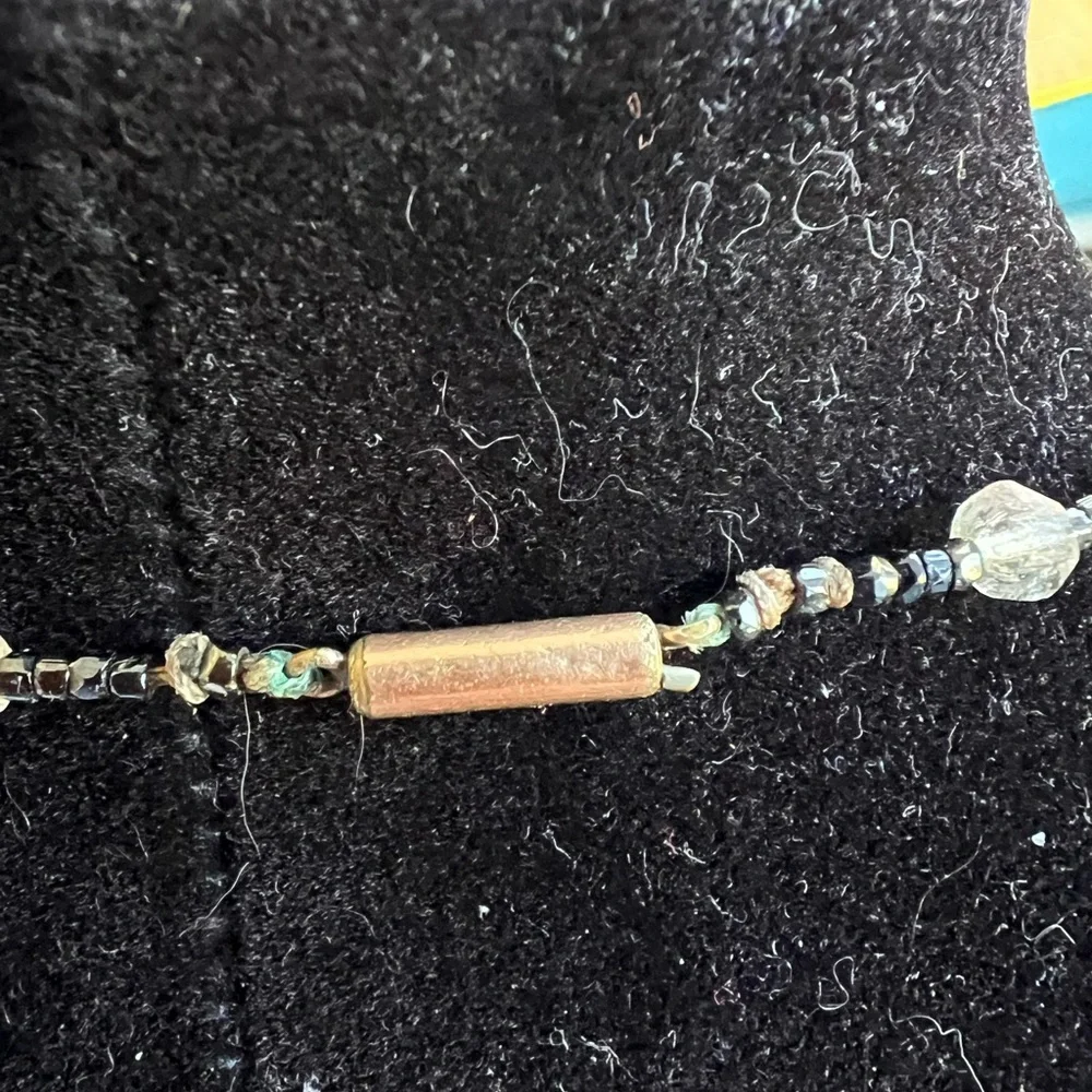 Vintage wedding cake glass beads hand knotted green, cream and red necklace.